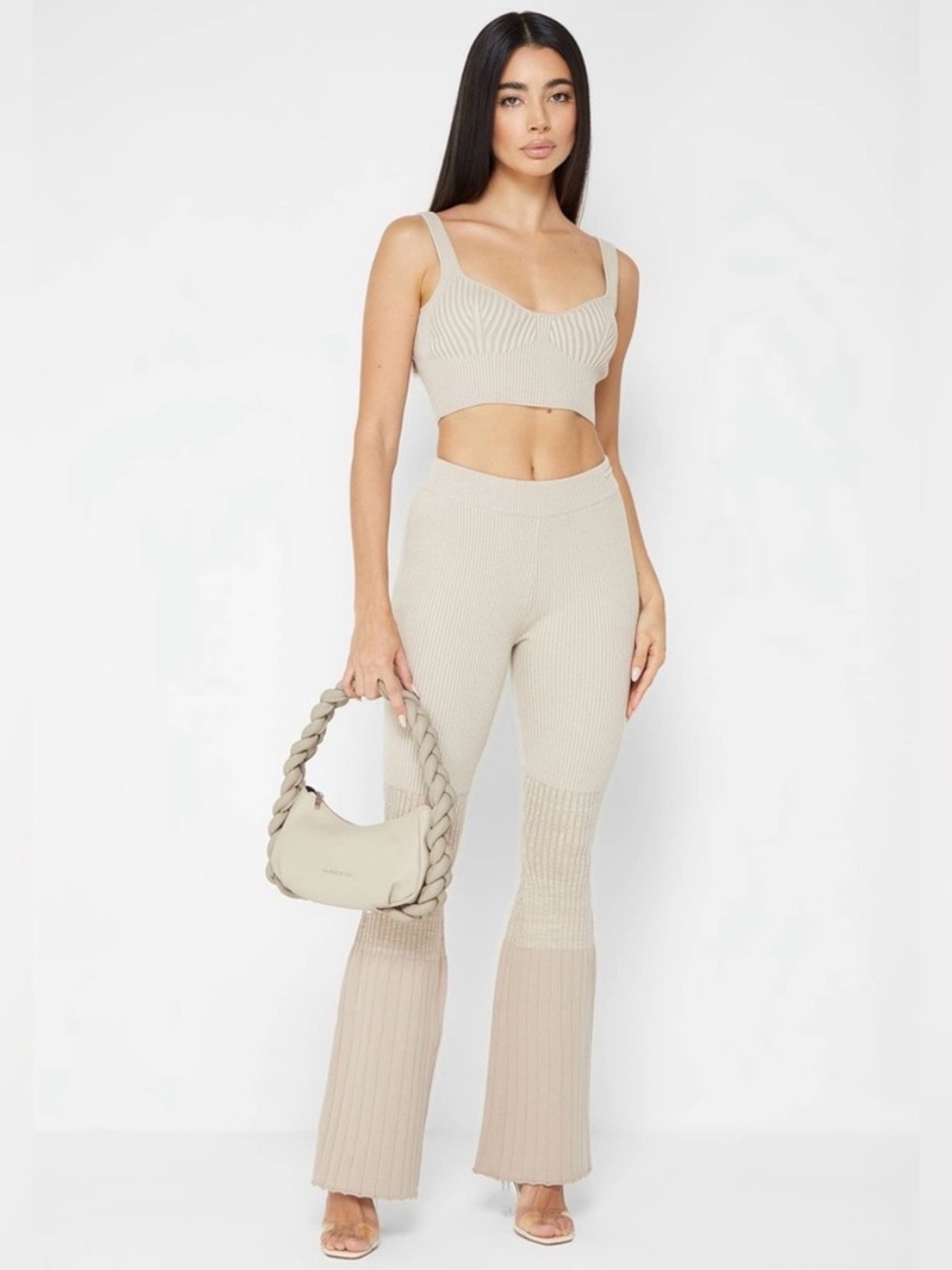 Manière de Voir Set - Beige Ribbed Contour Crop Top & Ombré Flared Leggings